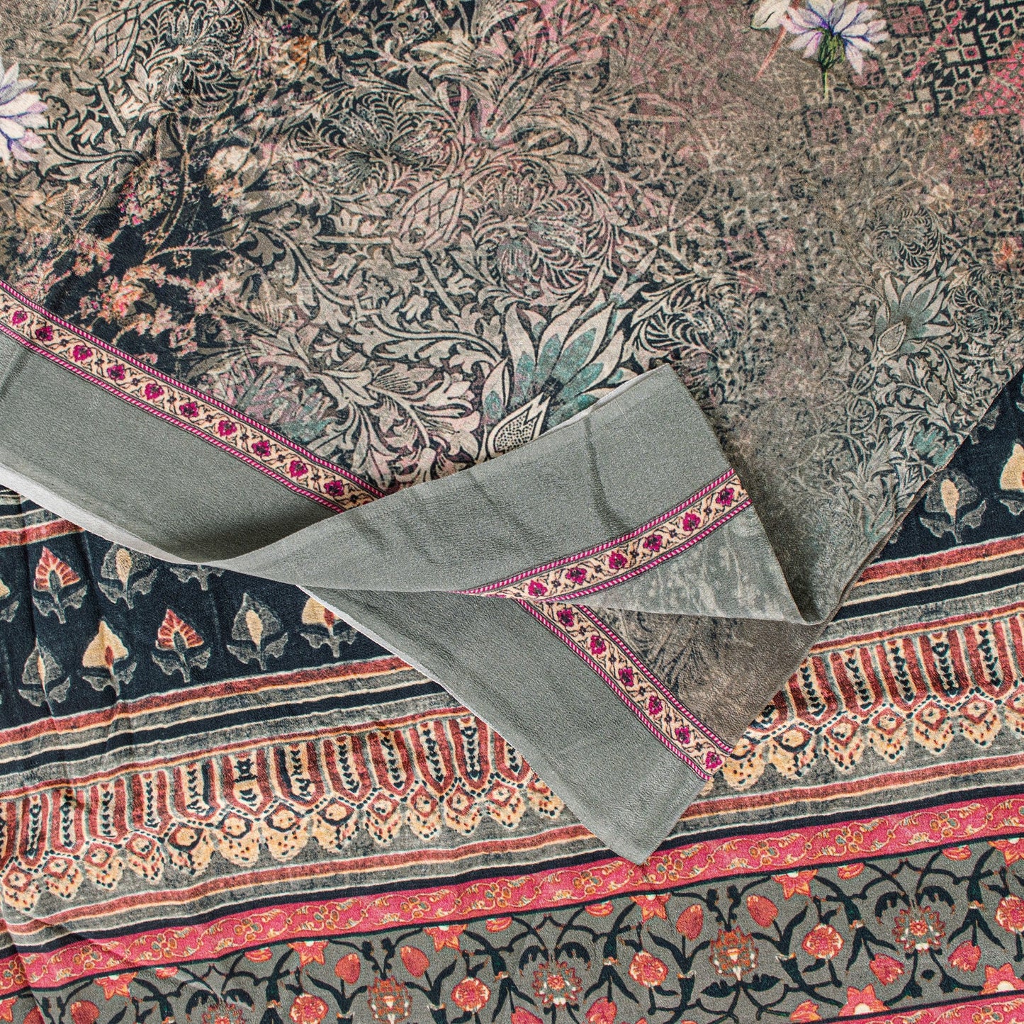 Sanskriti Vintage Gray Pure Crepe Sarees Floral Digital Print Sari 5.5 YD Fabric