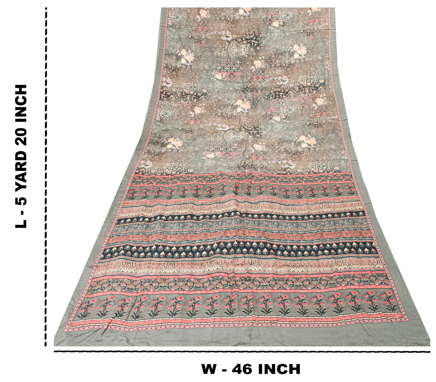 Sanskriti Vintage Gray Pure Crepe Sarees Floral Digital Print Sari 5.5 YD Fabric
