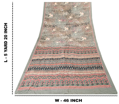 Sanskriti Vintage Gray Pure Crepe Sarees Floral Digital Print Sari 5.5 YD Fabric