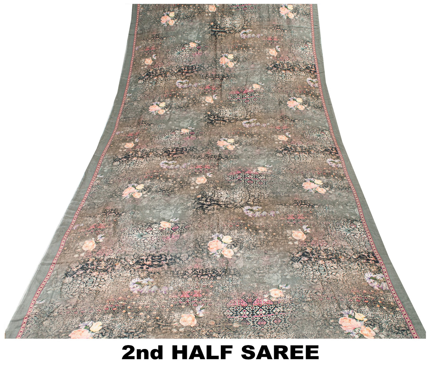 Sanskriti Vintage Gray Pure Crepe Sarees Floral Digital Print Sari 5.5 YD Fabric