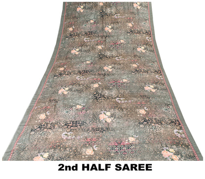 Sanskriti Vintage Gray Pure Crepe Sarees Floral Digital Print Sari 5.5 YD Fabric