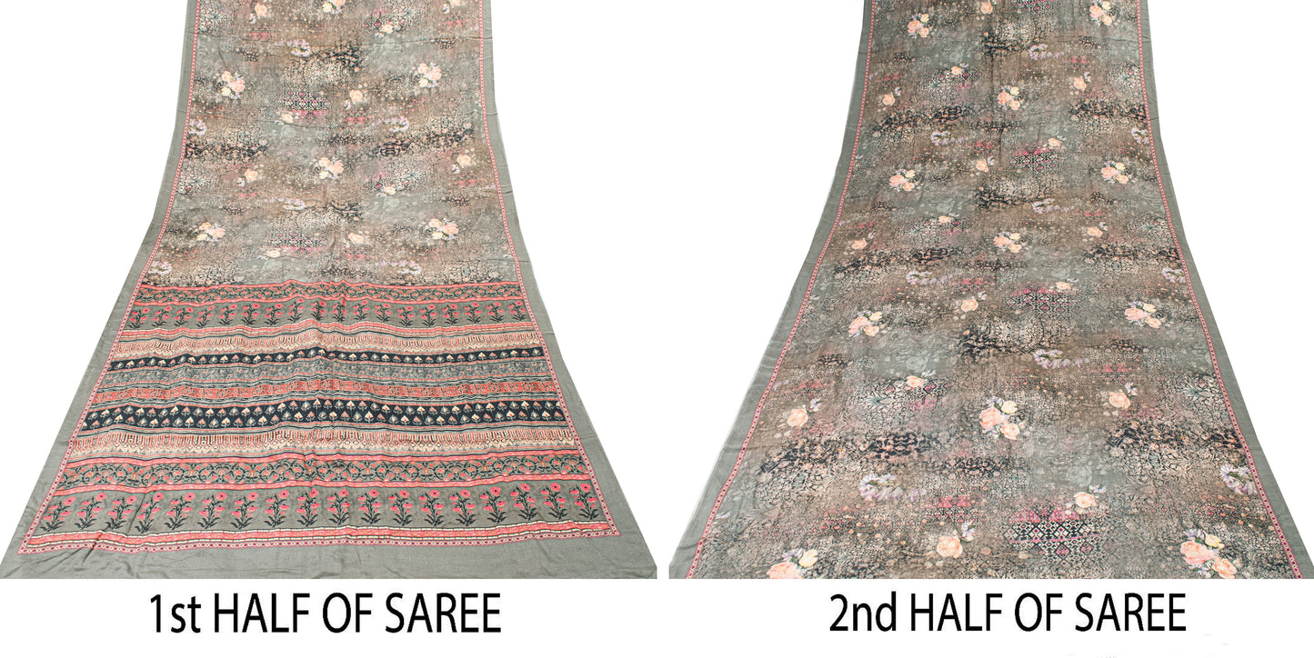 Sanskriti Vintage Gray Pure Crepe Sarees Floral Digital Print Sari 5.5 YD Fabric