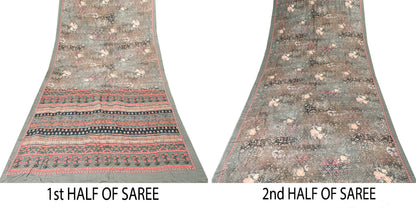 Sanskriti Vintage Gray Pure Crepe Sarees Floral Digital Print Sari 5.5 YD Fabric