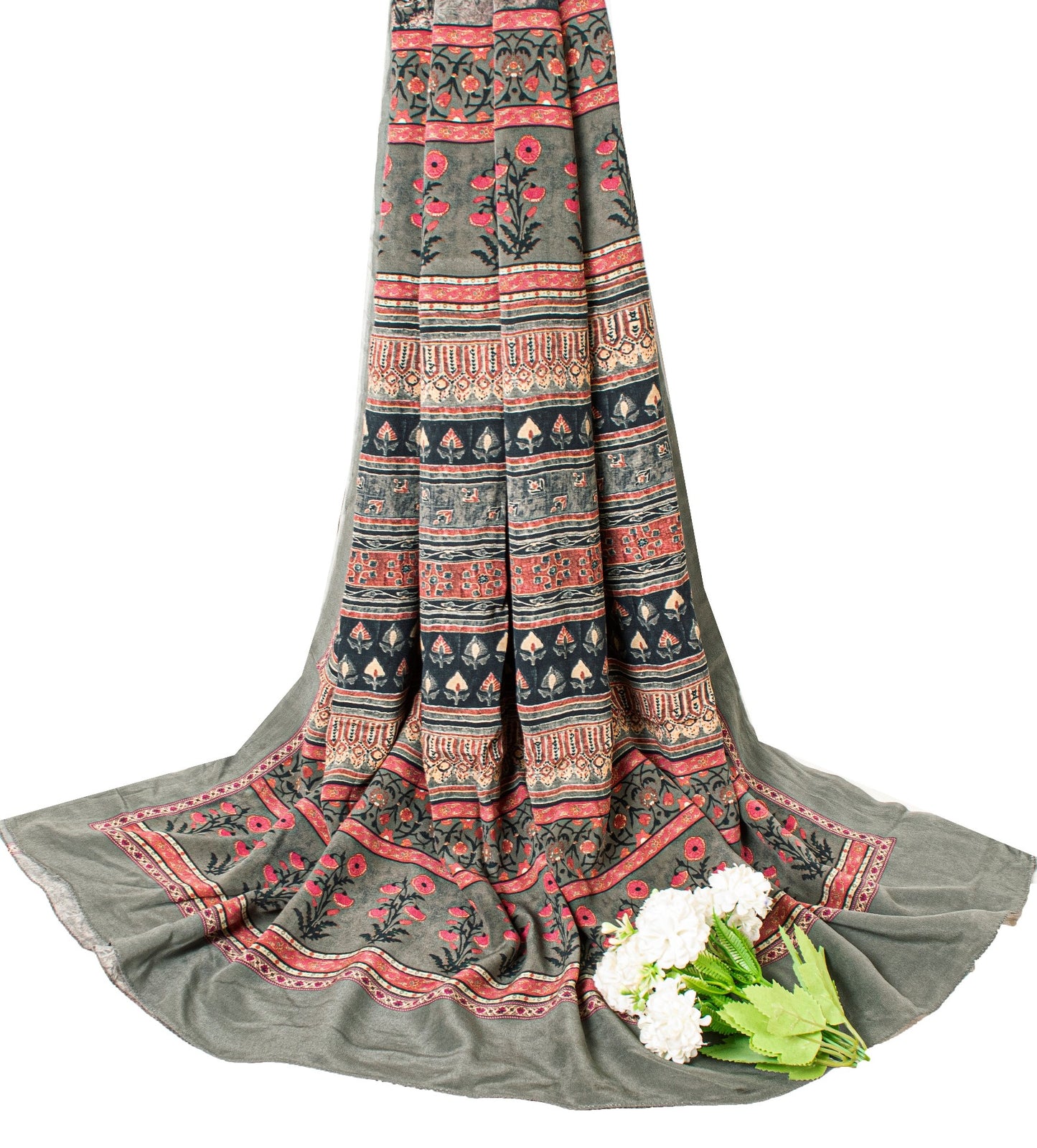 Sanskriti Vintage Gray Pure Crepe Sarees Floral Digital Print Sari 5.5 YD Fabric