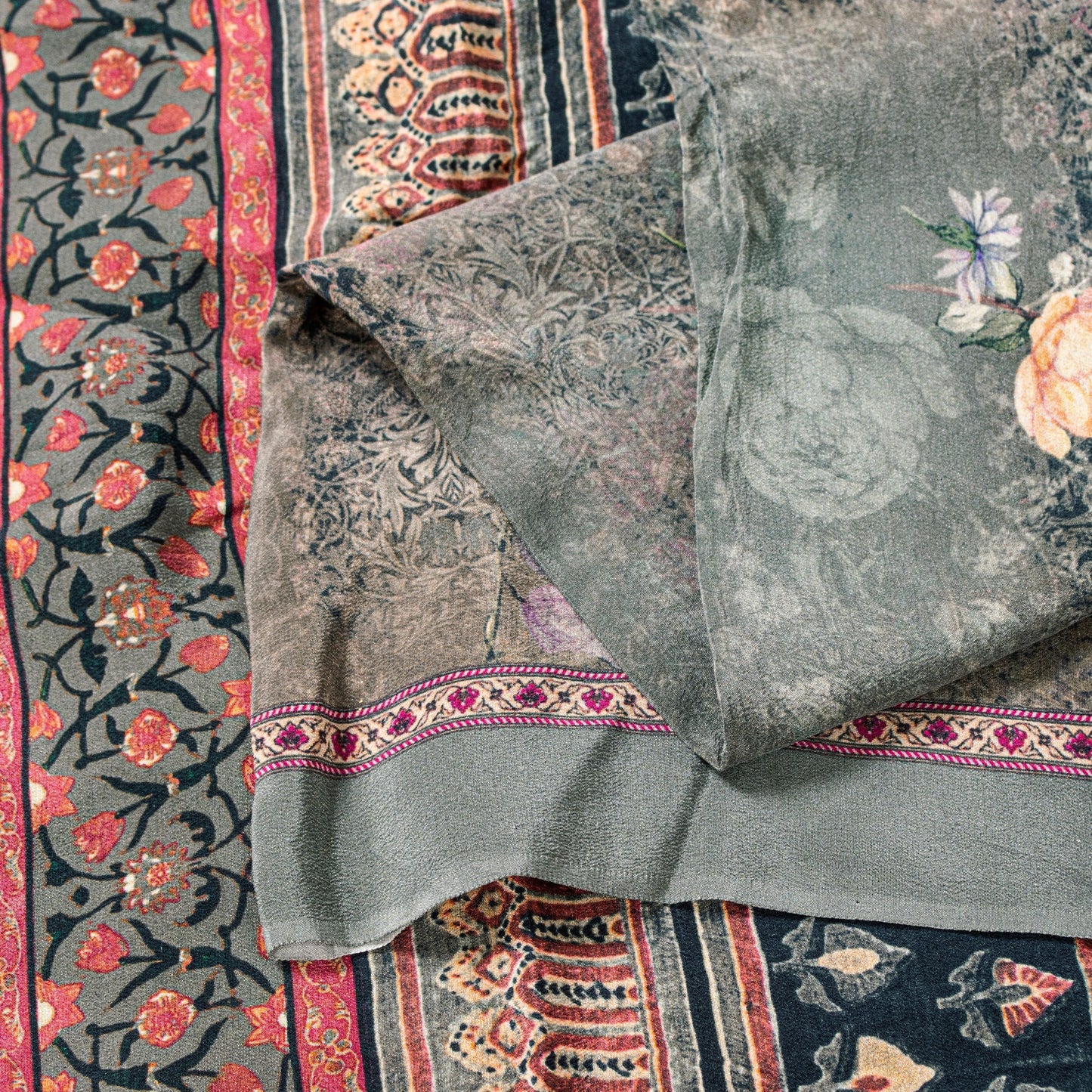 Sanskriti Vintage Gray Pure Crepe Sarees Floral Digital Print Sari 5.5 YD Fabric