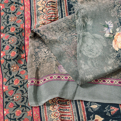 Sanskriti Vintage Gray Pure Crepe Sarees Floral Digital Print Sari 5.5 YD Fabric