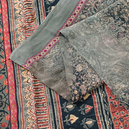 Sanskriti Vintage Gray Pure Crepe Sarees Floral Digital Print Sari 5.5 YD Fabric