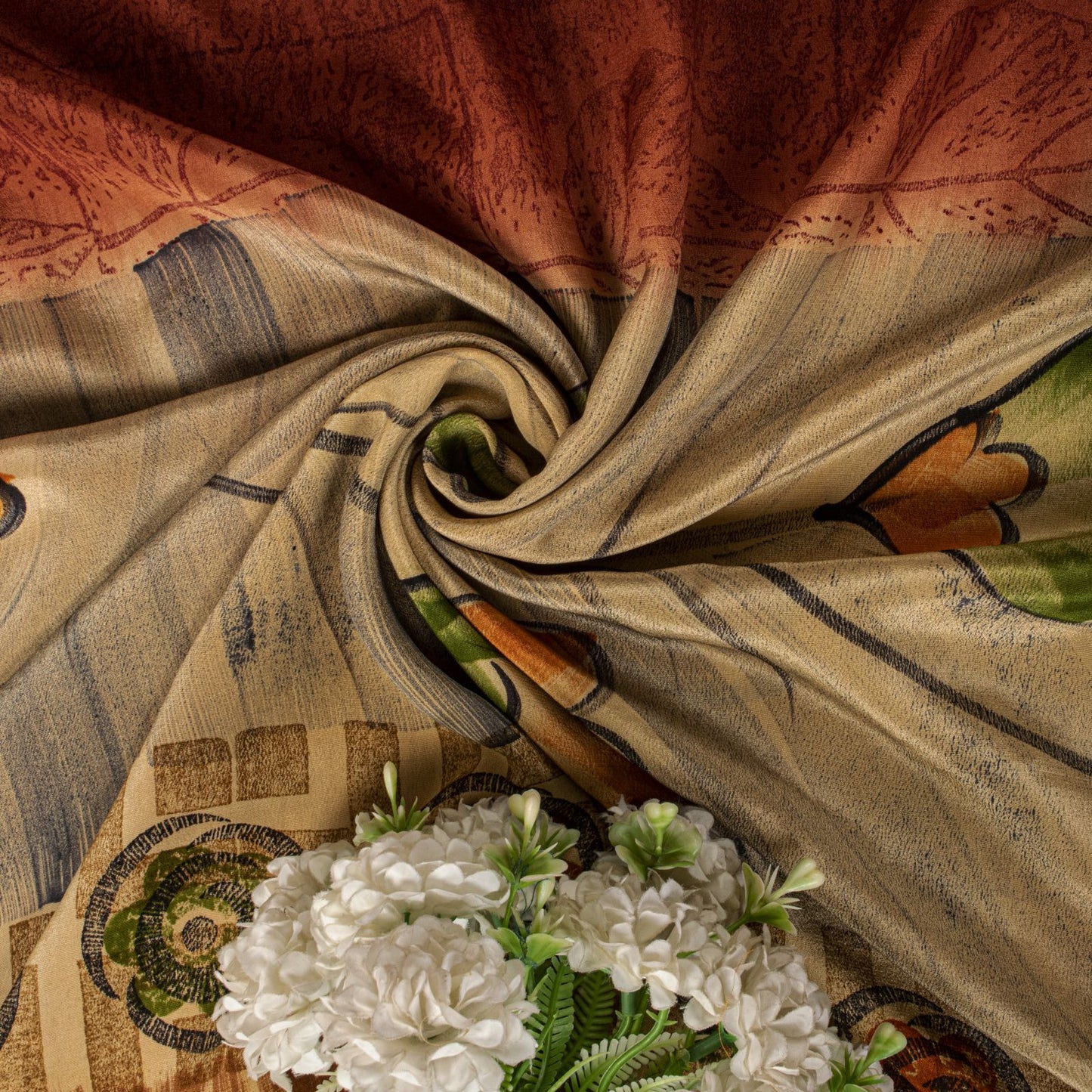 Sanskriti Vintage Saree Brown Pure Crepe Silk Floral Printed Sari 5.5Yard Fabric