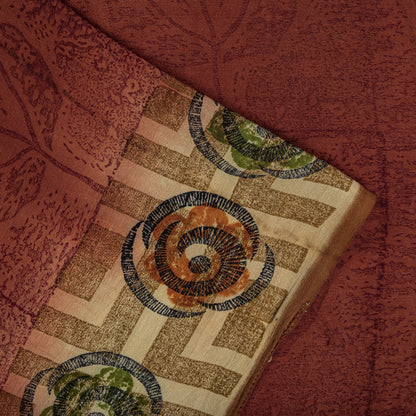 Sanskriti Vintage Saree Brown Pure Crepe Silk Floral Printed Sari 5.5Yard Fabric