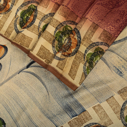 Sanskriti Vintage Saree Brown Pure Crepe Silk Floral Printed Sari 5.5Yard Fabric