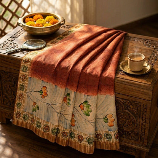 Sanskriti Vintage Saree Brown Pure Crepe Silk Floral Printed Sari 5.5Yard Fabric