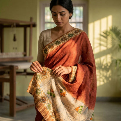 Sanskriti Vintage Saree Brown Pure Crepe Silk Floral Printed Sari 5.5Yard Fabric