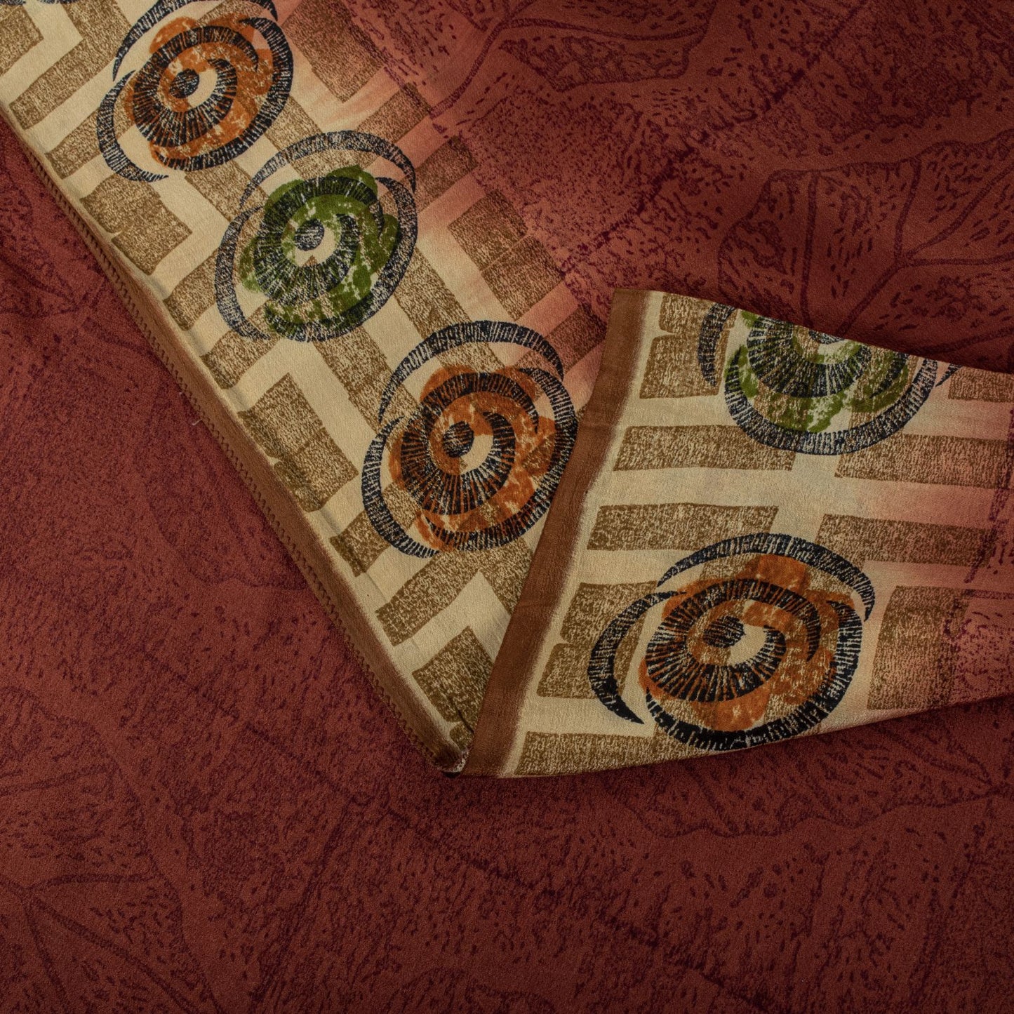 Sanskriti Vintage Saree Brown Pure Crepe Silk Floral Printed Sari 5.5Yard Fabric