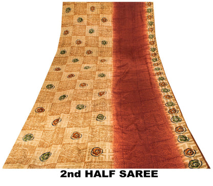 Sanskriti Vintage Saree Brown Pure Crepe Silk Floral Printed Sari 5.5Yard Fabric