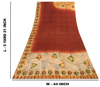 Sanskriti Vintage Saree Brown Pure Crepe Silk Floral Printed Sari 5.5Yard Fabric