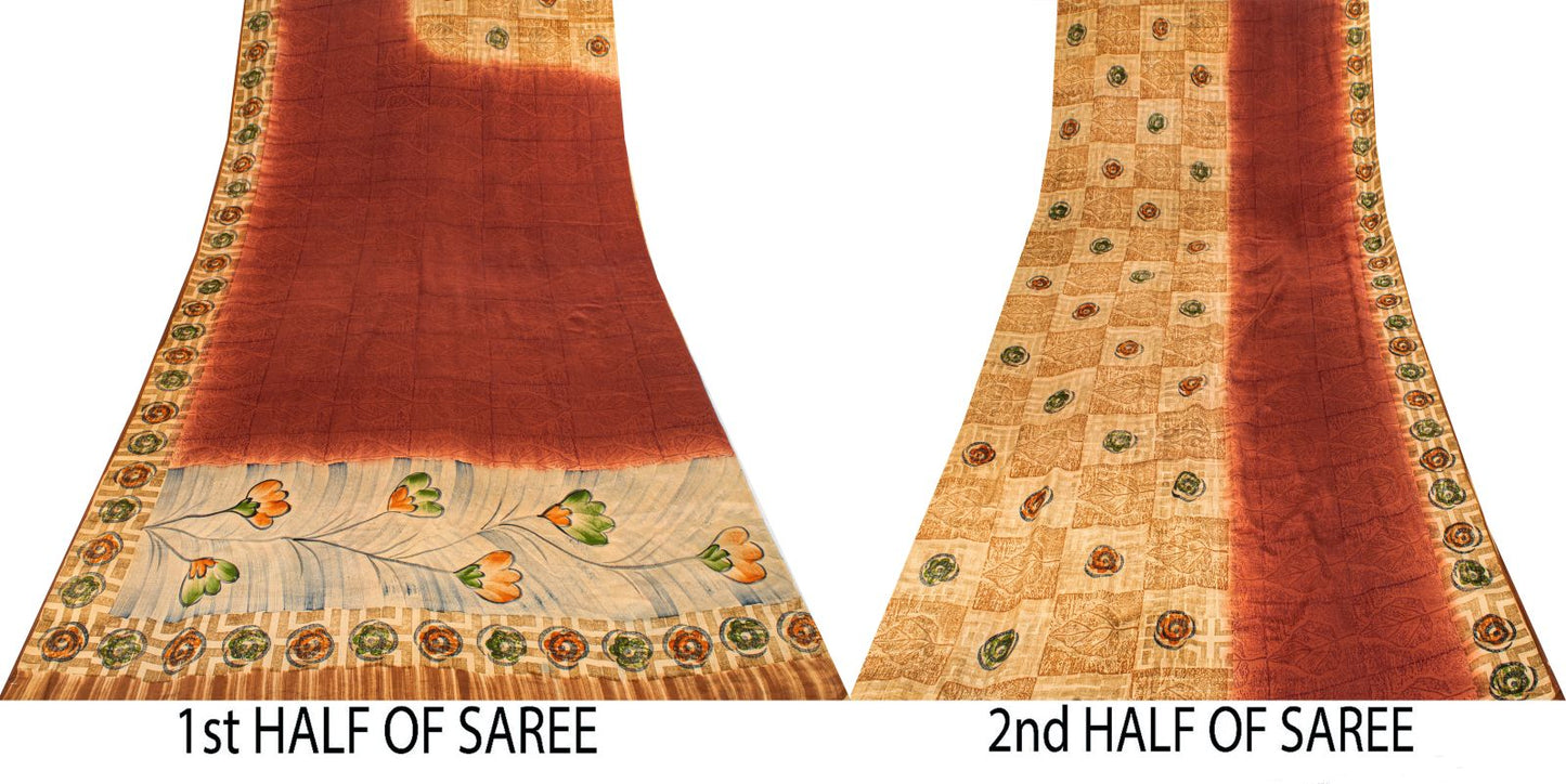 Sanskriti Vintage Saree Brown Pure Crepe Silk Floral Printed Sari 5.5Yard Fabric