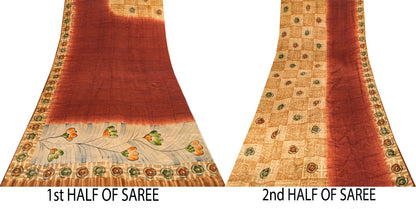 Sanskriti Vintage Saree Brown Pure Crepe Silk Floral Printed Sari 5.5Yard Fabric