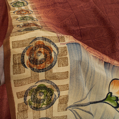 Sanskriti Vintage Saree Brown Pure Crepe Silk Floral Printed Sari 5.5Yard Fabric