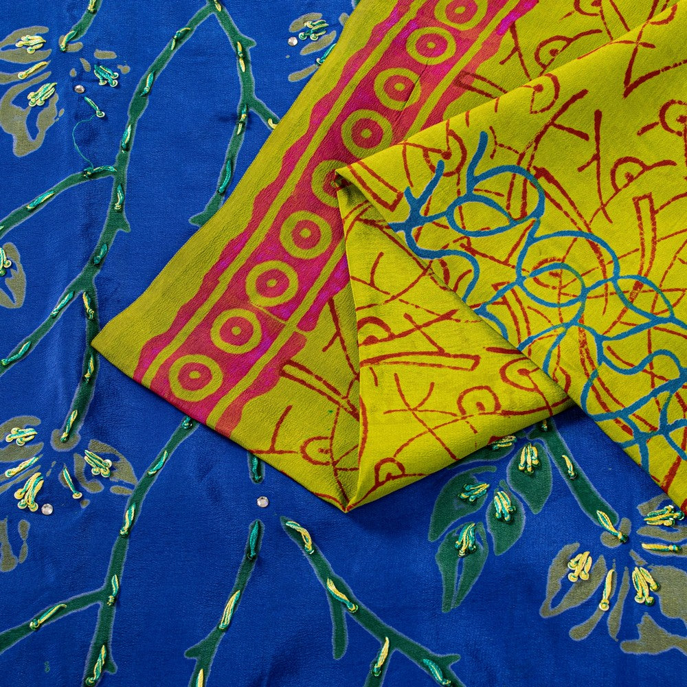 Sanskriti Vintage Sarees Blue-Green Hand Bead Sequins Pure Crepe Print 6YD Sari