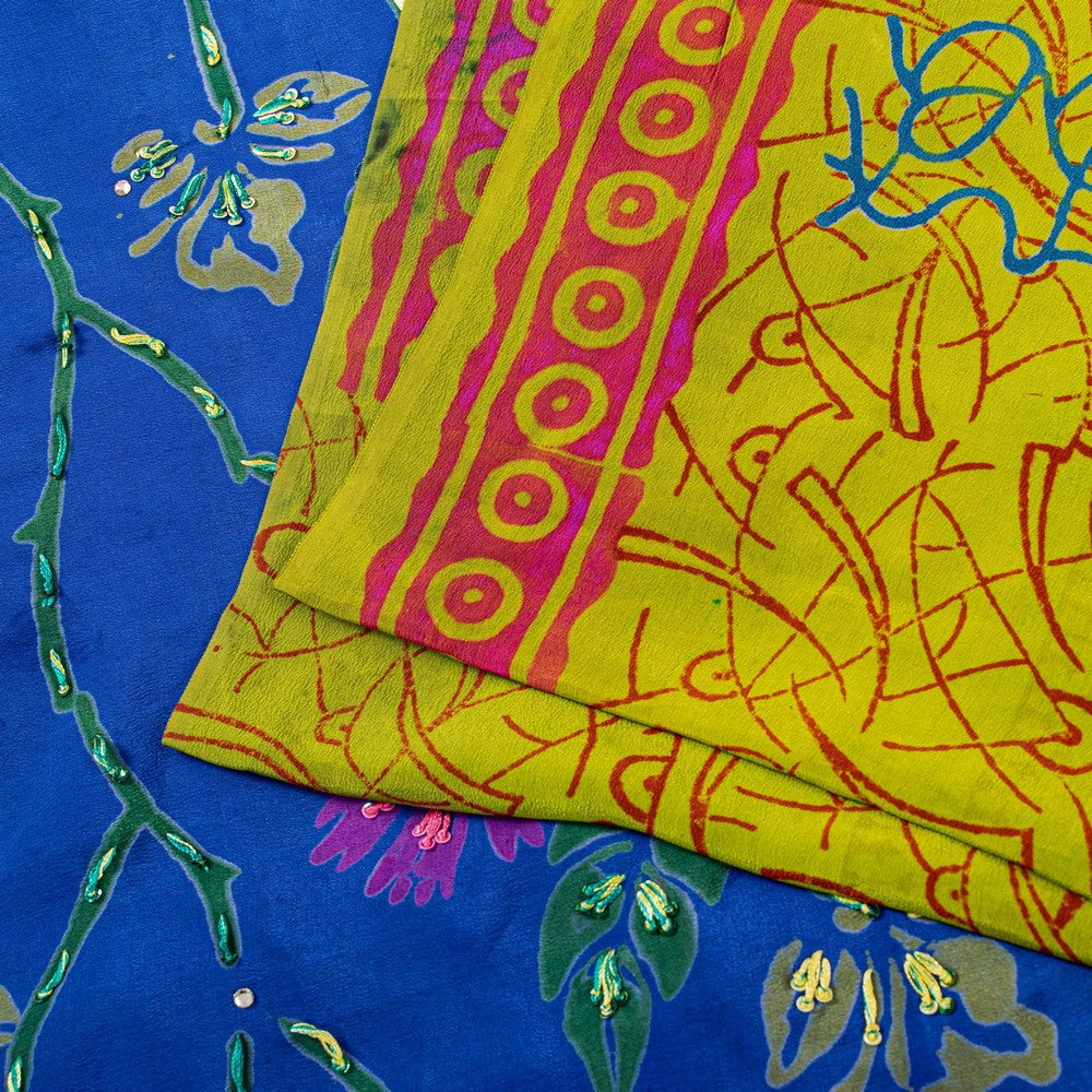 Sanskriti Vintage Sarees Blue-Green Hand Bead Sequins Pure Crepe Print 6YD Sari