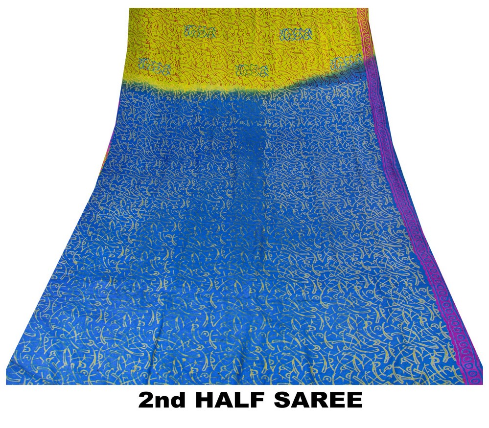 Sanskriti Vintage Sarees Blue-Green Hand Bead Sequins Pure Crepe Print 6YD Sari