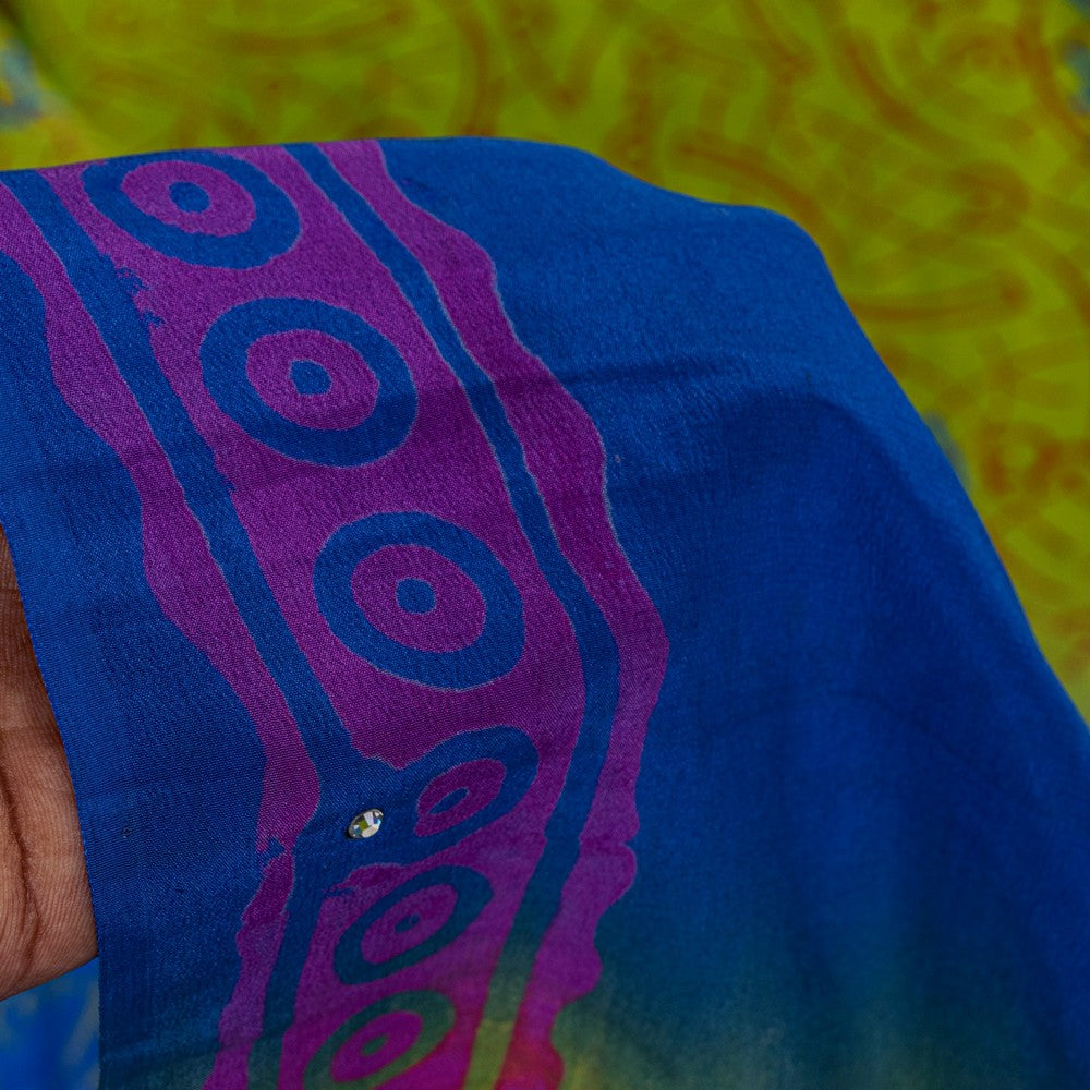 Sanskriti Vintage Sarees Blue-Green Hand Bead Sequins Pure Crepe Print 6YD Sari