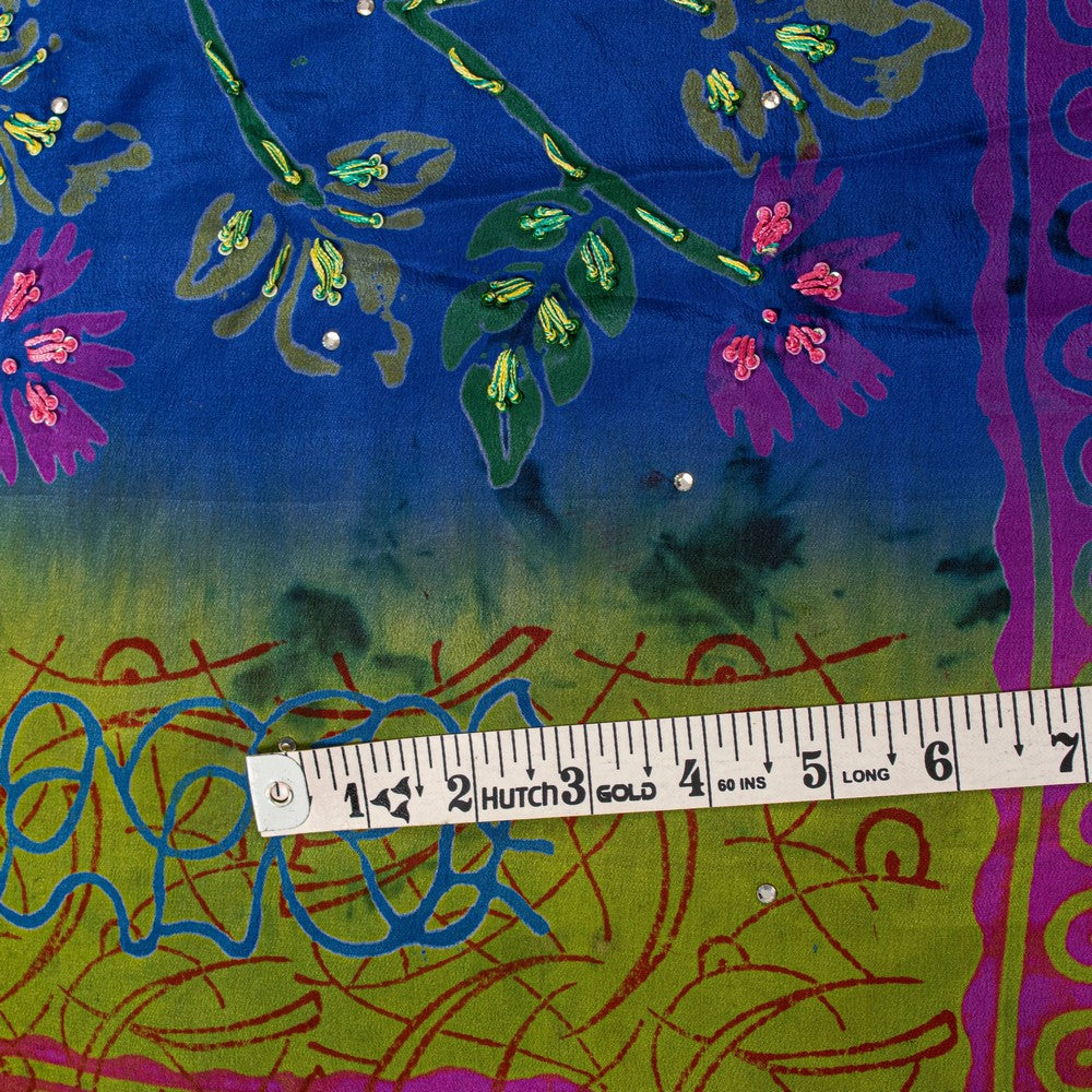 Sanskriti Vintage Sarees Blue-Green Hand Bead Sequins Pure Crepe Print 6YD Sari