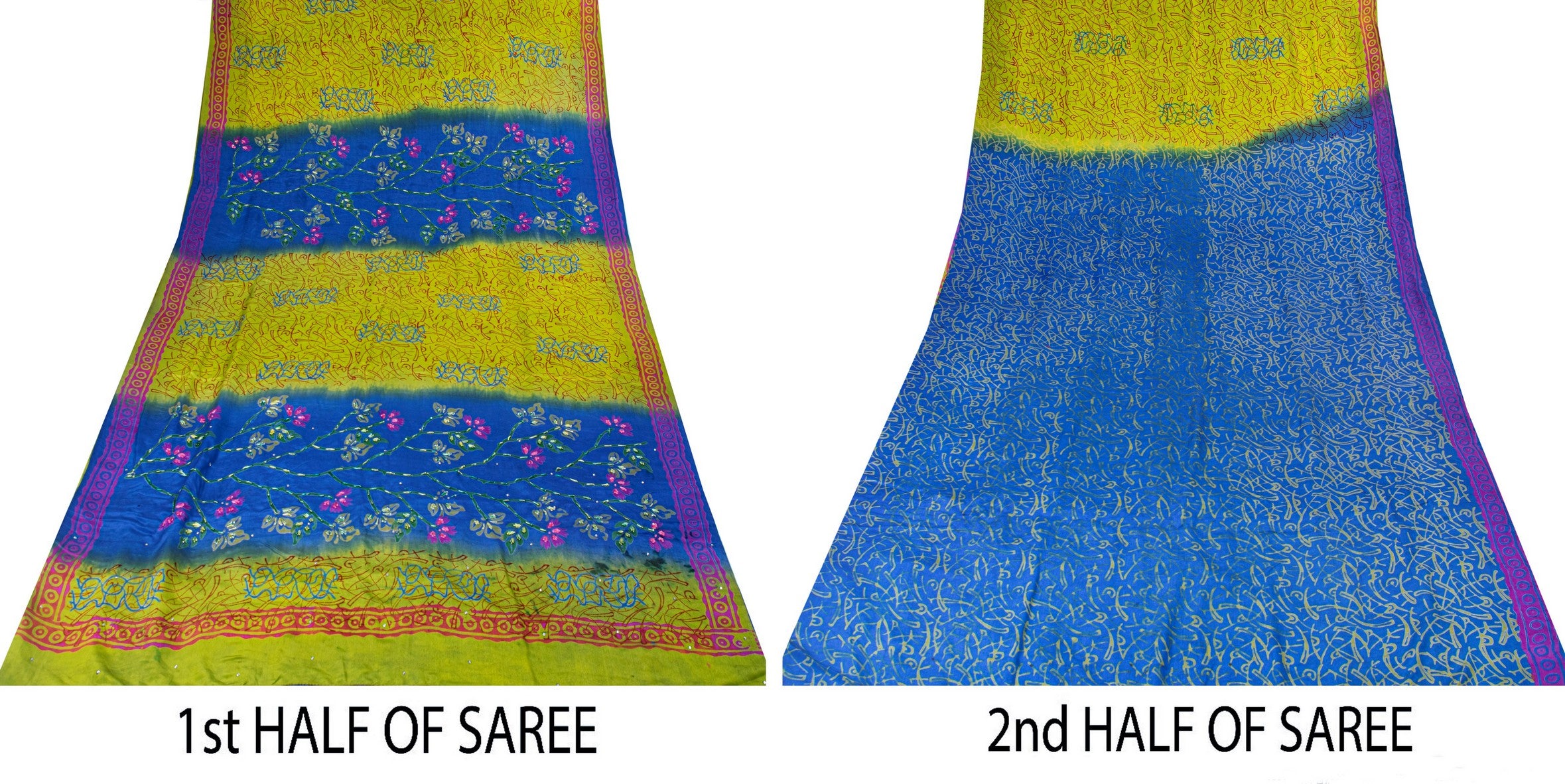 Sanskriti Vintage Sarees Blue-Green Hand Bead Sequins Pure Crepe Print 6YD Sari