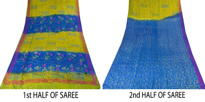 Sanskriti Vintage Sarees Blue-Green Hand Bead Sequins Pure Crepe Print 6YD Sari