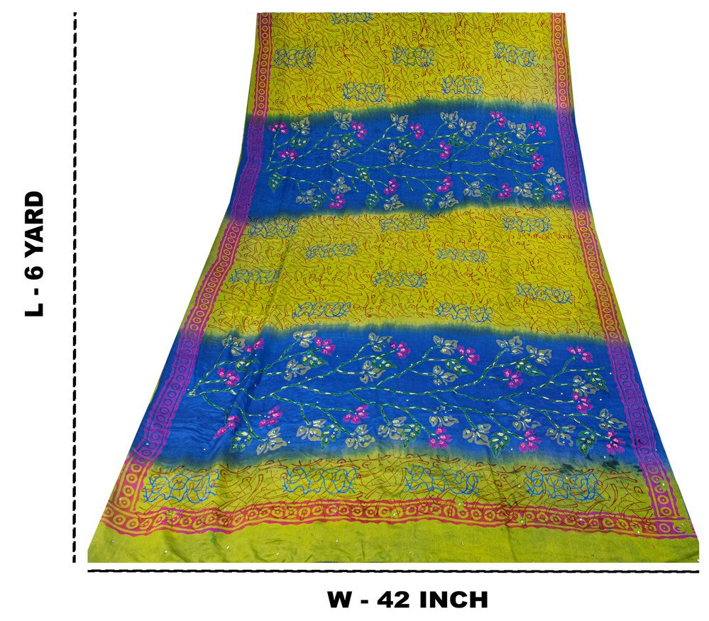 Sanskriti Vintage Sarees Blue-Green Hand Bead Sequins Pure Crepe Print 6YD Sari