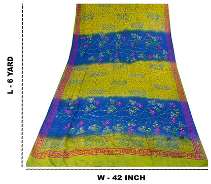Sanskriti Vintage Sarees Blue-Green Hand Bead Sequins Pure Crepe Print 6YD Sari
