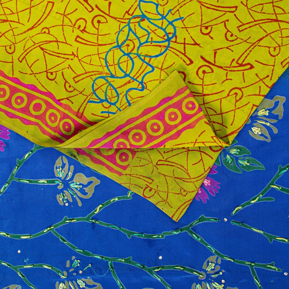 Sanskriti Vintage Sarees Blue-Green Hand Bead Sequins Pure Crepe Print 6YD Sari