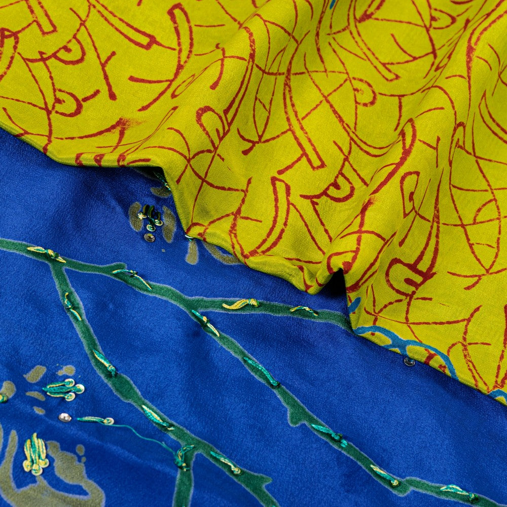 Sanskriti Vintage Sarees Blue-Green Hand Bead Sequins Pure Crepe Print 6YD Sari