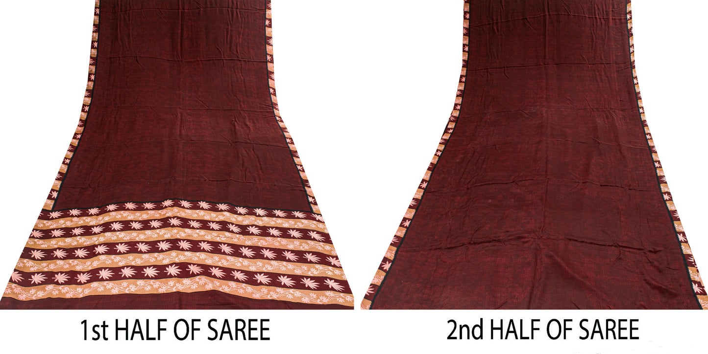 Sanskriti Vintage Sarees Maroon Pure Crepe Floral Print 5+YD Craft Supplies Sari