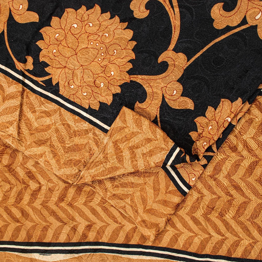 Sanskriti Vintage Black-Brown Pure Crepe Sarees Printed Woven Sari 5.5YD Fabric