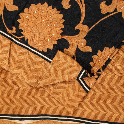 Sanskriti Vintage Black-Brown Pure Crepe Sarees Printed Woven Sari 5.5YD Fabric