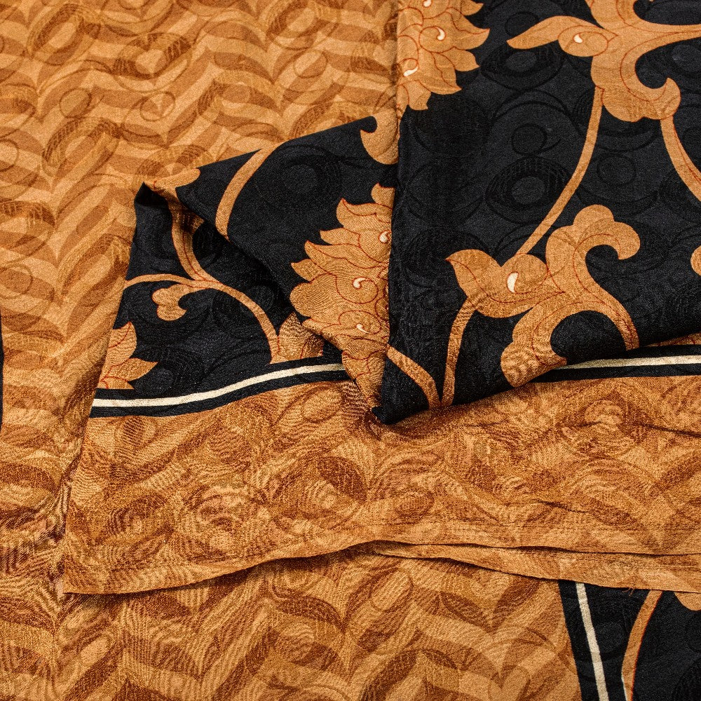 Sanskriti Vintage Black-Brown Pure Crepe Sarees Printed Woven Sari 5.5YD Fabric