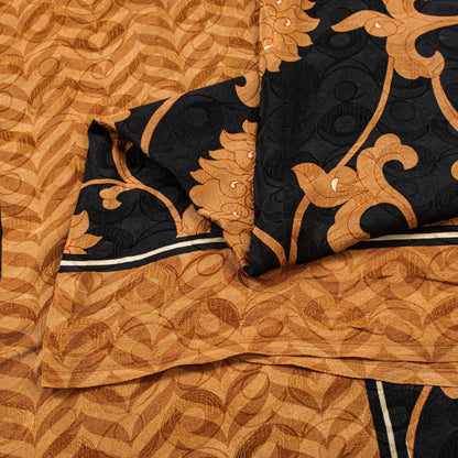 Sanskriti Vintage Black-Brown Pure Crepe Sarees Printed Woven Sari 5.5YD Fabric