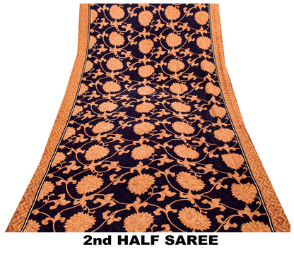 Sanskriti Vintage Black-Brown Pure Crepe Sarees Printed Woven Sari 5.5YD Fabric