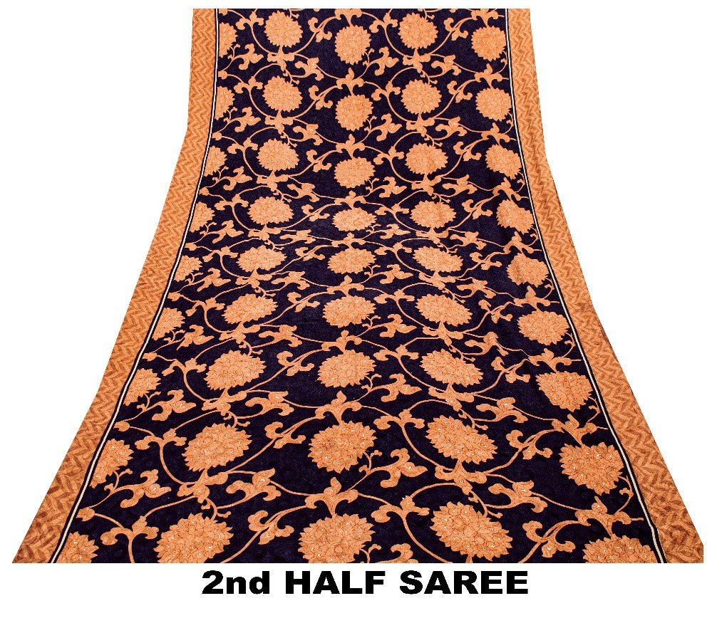 Sanskriti Vintage Black-Brown Pure Crepe Sarees Printed Woven Sari 5.5YD Fabric
