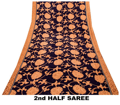 Sanskriti Vintage Black-Brown Pure Crepe Sarees Printed Woven Sari 5.5YD Fabric