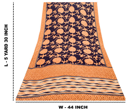 Sanskriti Vintage Black-Brown Pure Crepe Sarees Printed Woven Sari 5.5YD Fabric