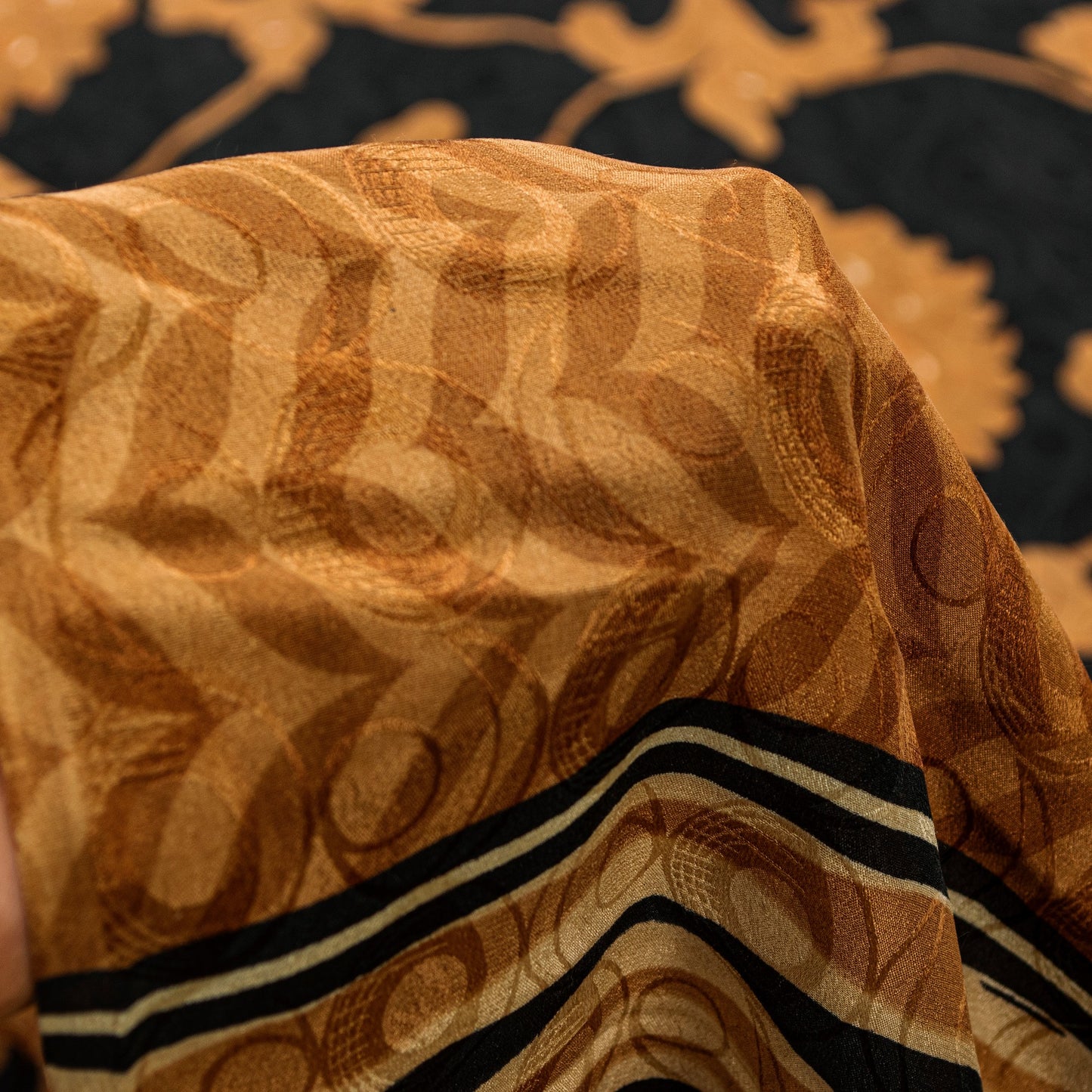 Sanskriti Vintage Black-Brown Pure Crepe Sarees Printed Woven Sari 5.5YD Fabric