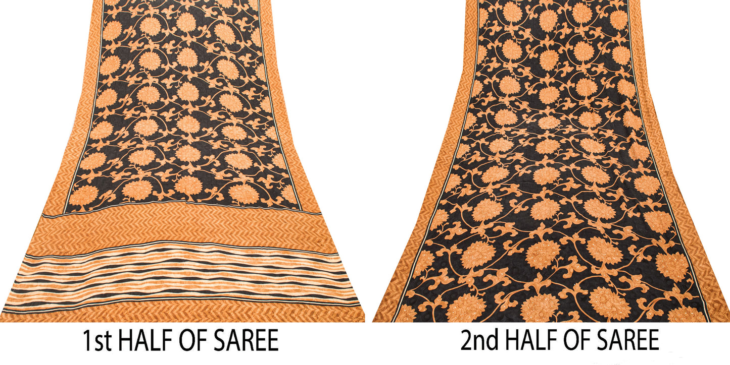 Sanskriti Vintage Black-Brown Pure Crepe Sarees Printed Woven Sari 5.5YD Fabric