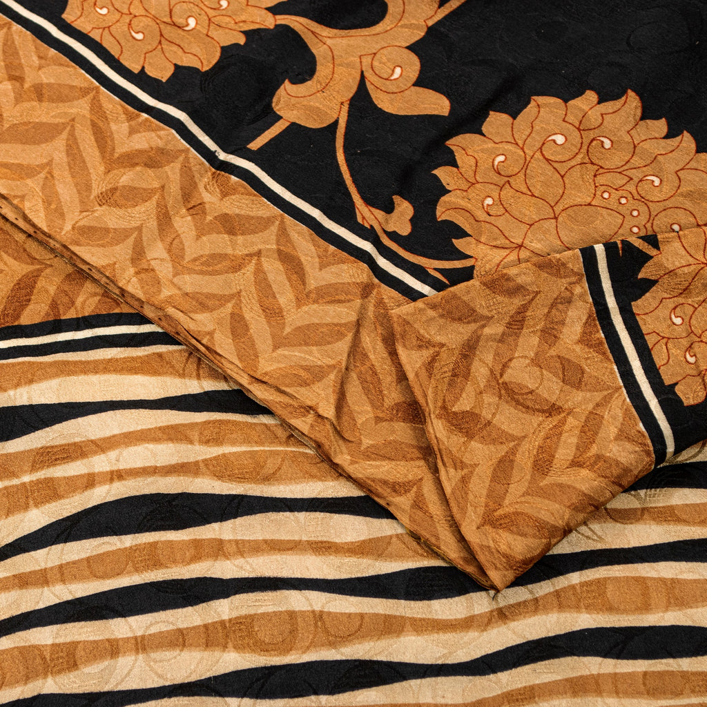 Sanskriti Vintage Black-Brown Pure Crepe Sarees Printed Woven Sari 5.5YD Fabric