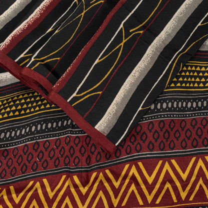 Sanskriti Vintage Black Sarees Pure Crepe SilkAbstract Printed Sari 5.5YD Fabric