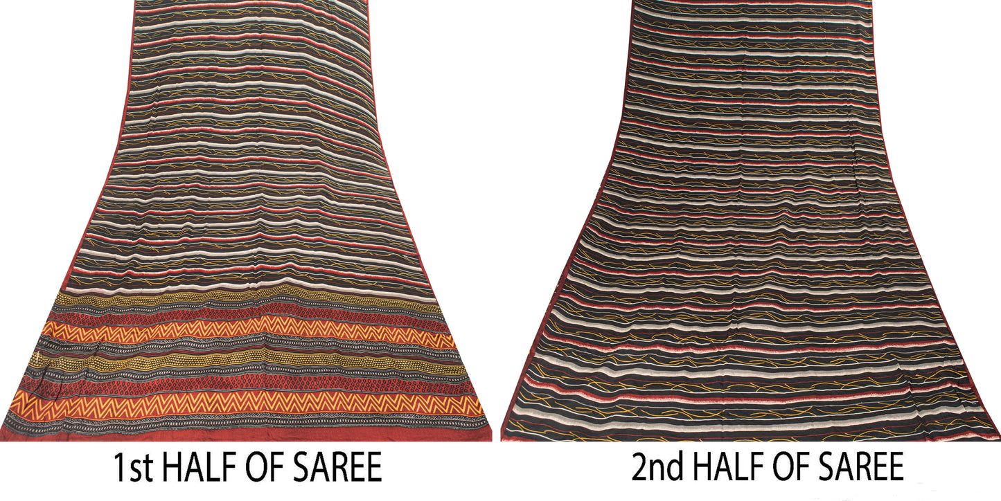 Sanskriti Vintage Black Sarees Pure Crepe SilkAbstract Printed Sari 5.5YD Fabric