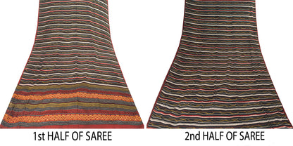 Sanskriti Vintage Black Sarees Pure Crepe SilkAbstract Printed Sari 5.5YD Fabric