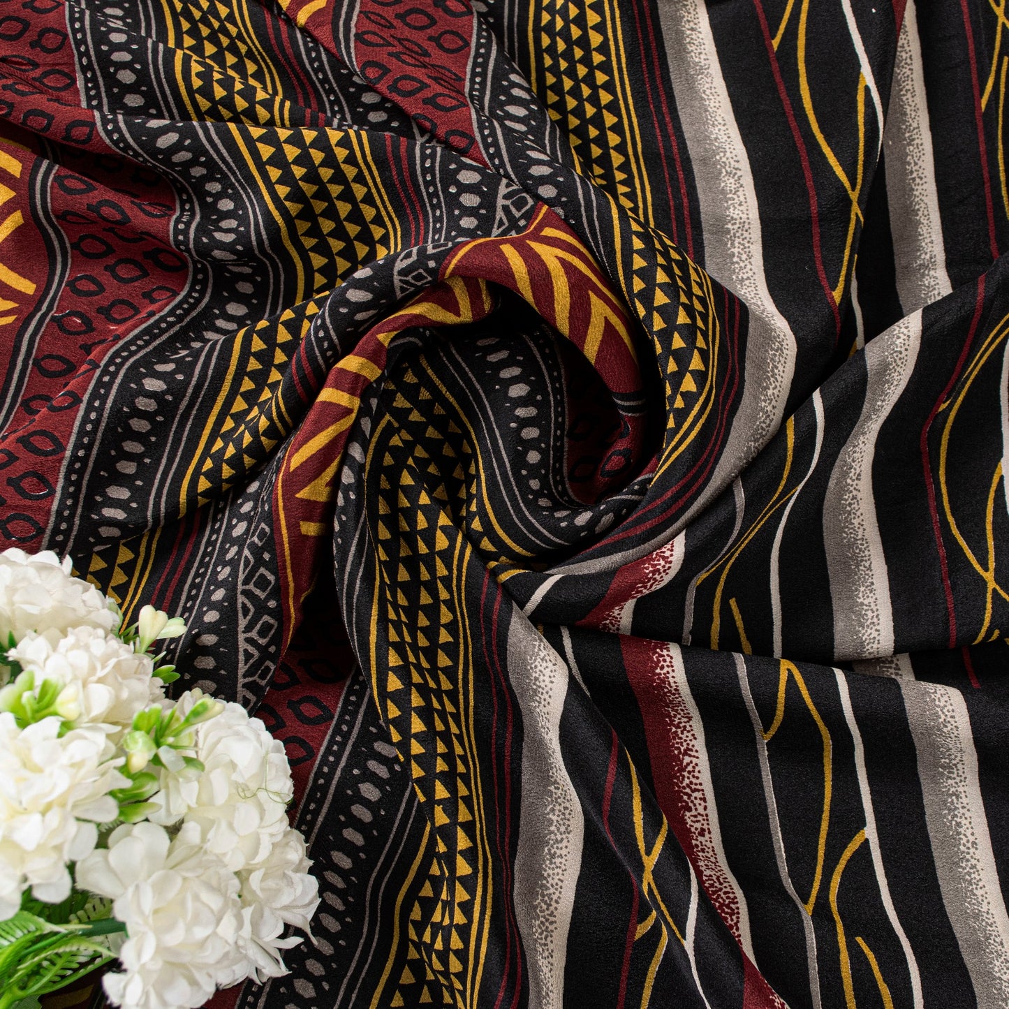 Sanskriti Vintage Black Sarees Pure Crepe SilkAbstract Printed Sari 5.5YD Fabric