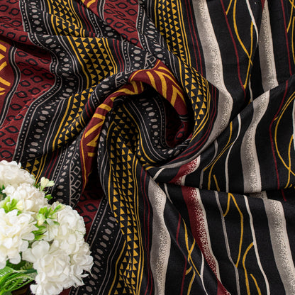 Sanskriti Vintage Black Sarees Pure Crepe SilkAbstract Printed Sari 5.5YD Fabric
